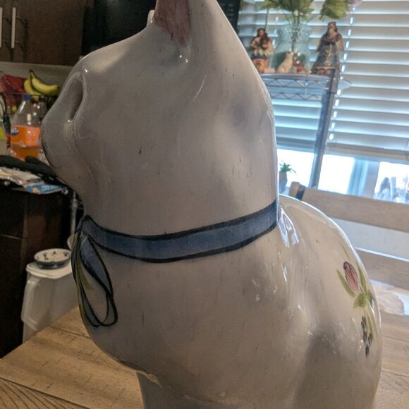 CUTE Vintage N.S. Gustin Hand Painted Wite Ceramic Cat Floral Pattern 14" - Picture 7 of 9